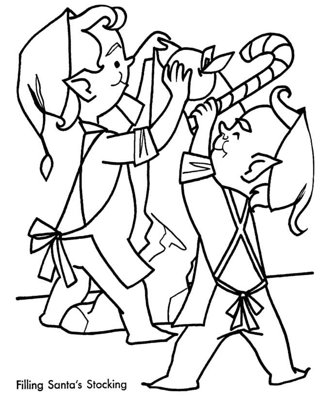 Elves Filling Santas Stocking Coloring Page