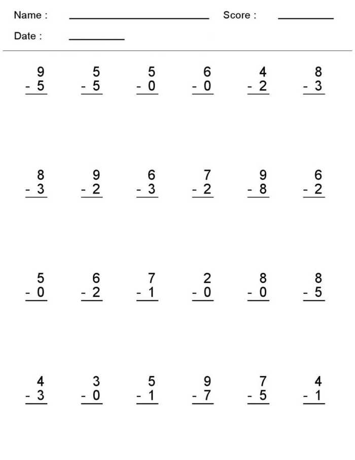 Single Digit Subtraction Worksheets