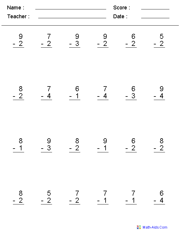 single digit subtraction worksheets