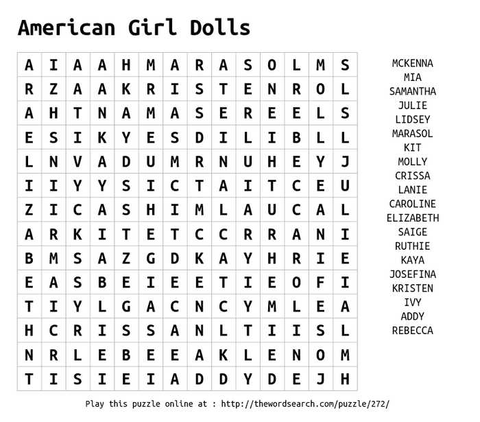 American Girl Doll Printable Word Search