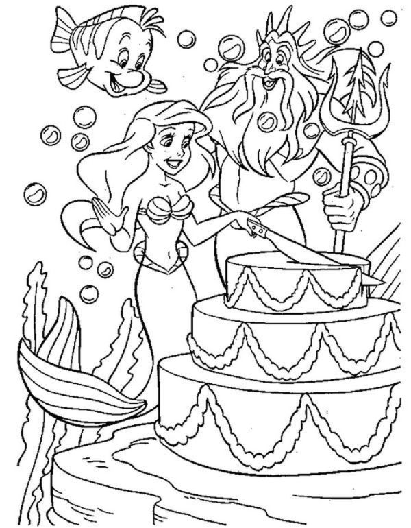 Ariel Cutting Birthday Cake For King Triton Coloring Page Coloring Sun