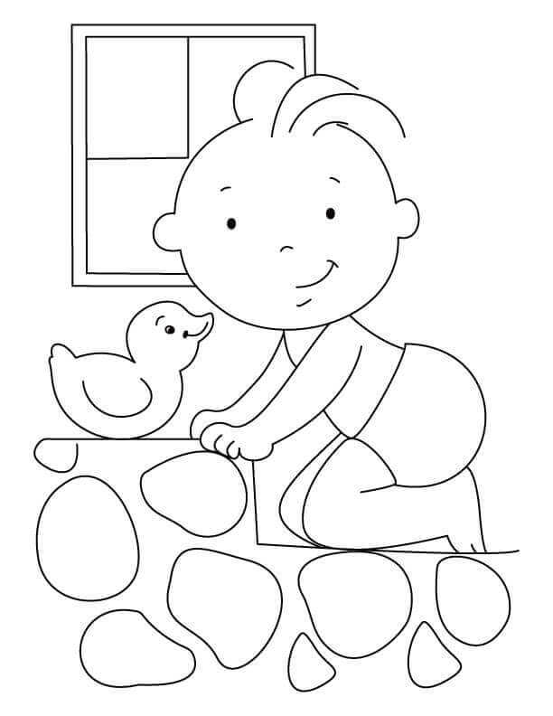 Baby With Toy Duck Coloring Page