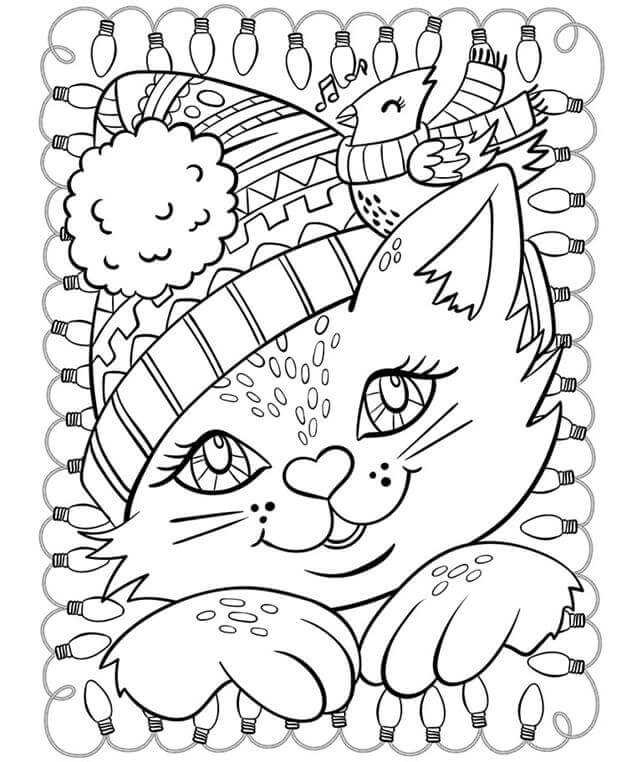 Cat And Cardinal Winter Coloring Page