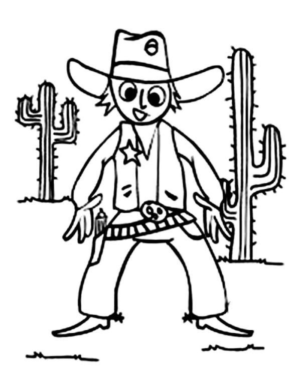 Cowboy Dueling In Front Of Giant Cactus Tree Coloring Page Coloring Sun