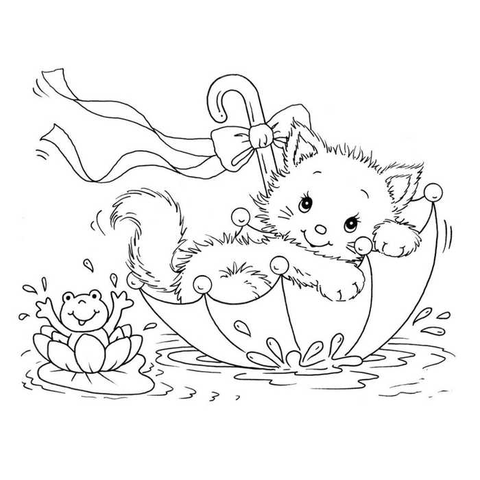 Cute Umbrella Cat Coloring Page