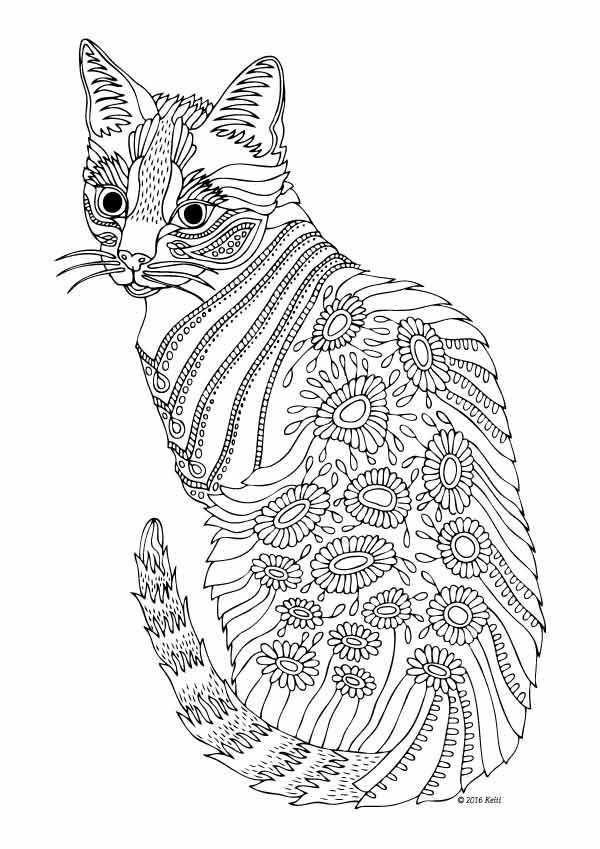 Detailed Flowered Cat Coloring Page