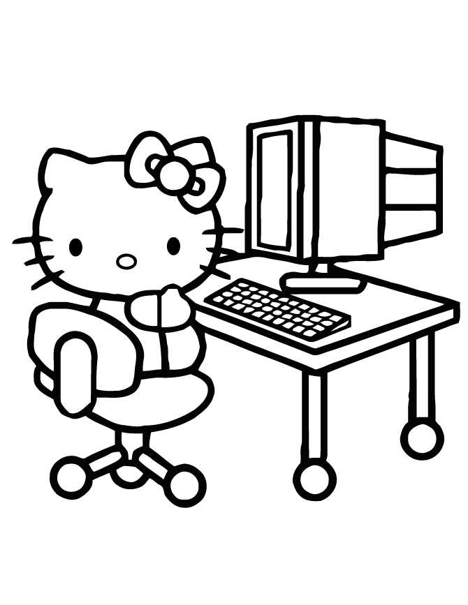 Hello Kitty On Computer Coloring Page