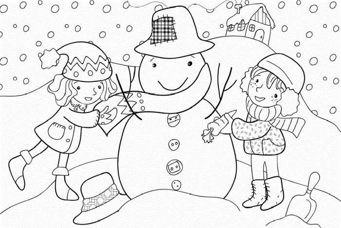 Kids Making Snowman Winter Coloring Pages