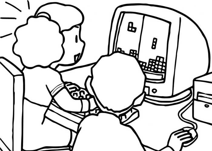 Kids Playing On Computer Coloring Page