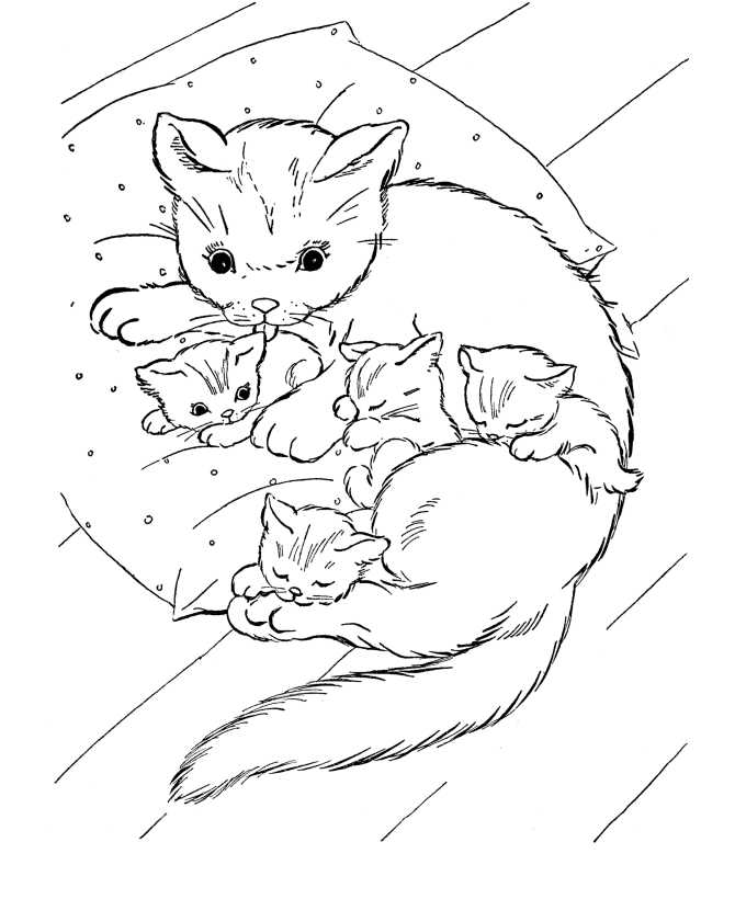 Mom Cat With Kittens Coloring Page