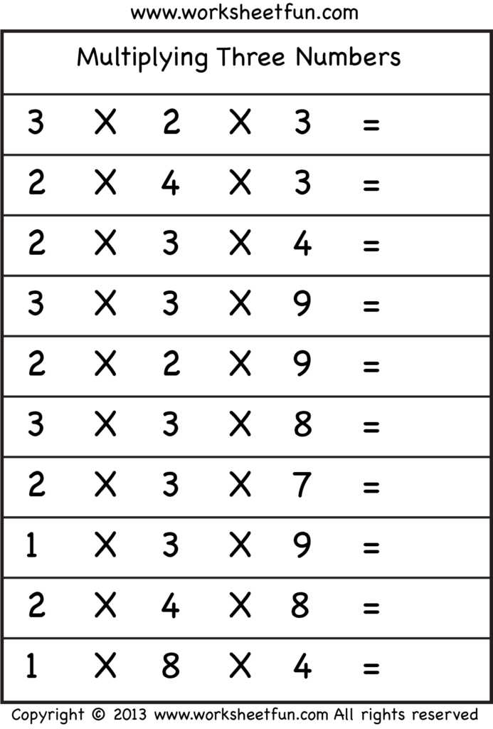 Multiplication Of 3 Numbers Worksheet