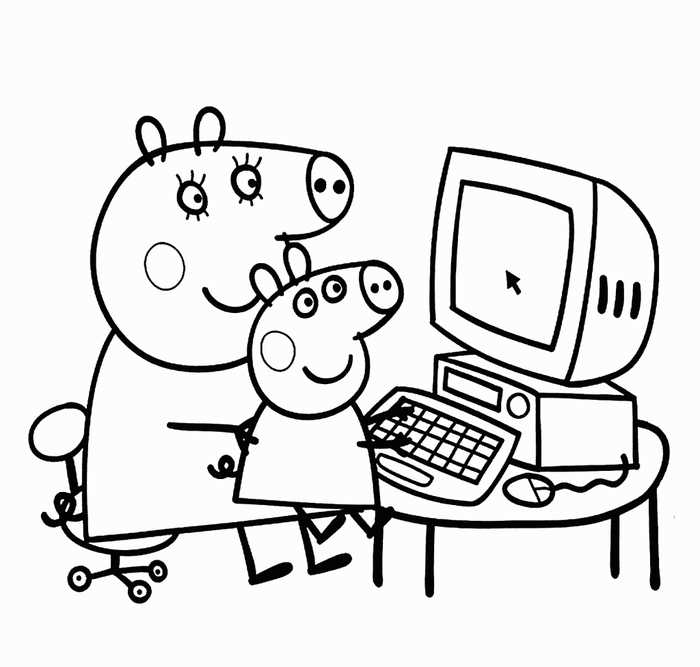 Peppa On Computer Coloring Page