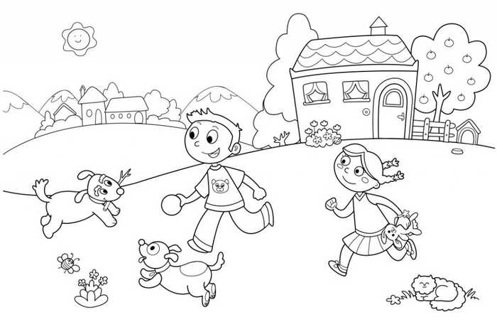 Playing Kids Kindergarten Coloring Page