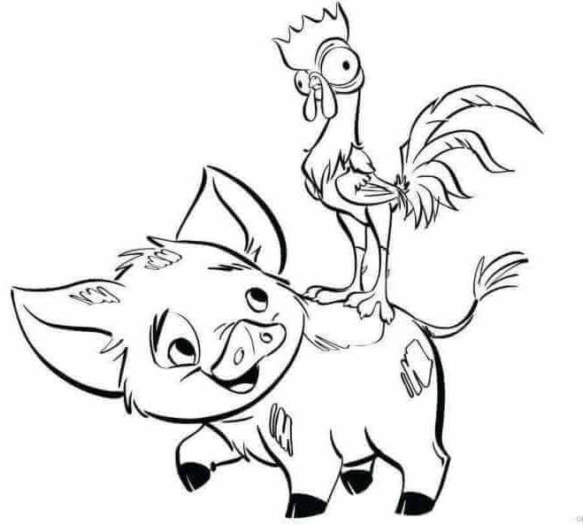 Pua And Heihei Having Fun Moana Coloring Page