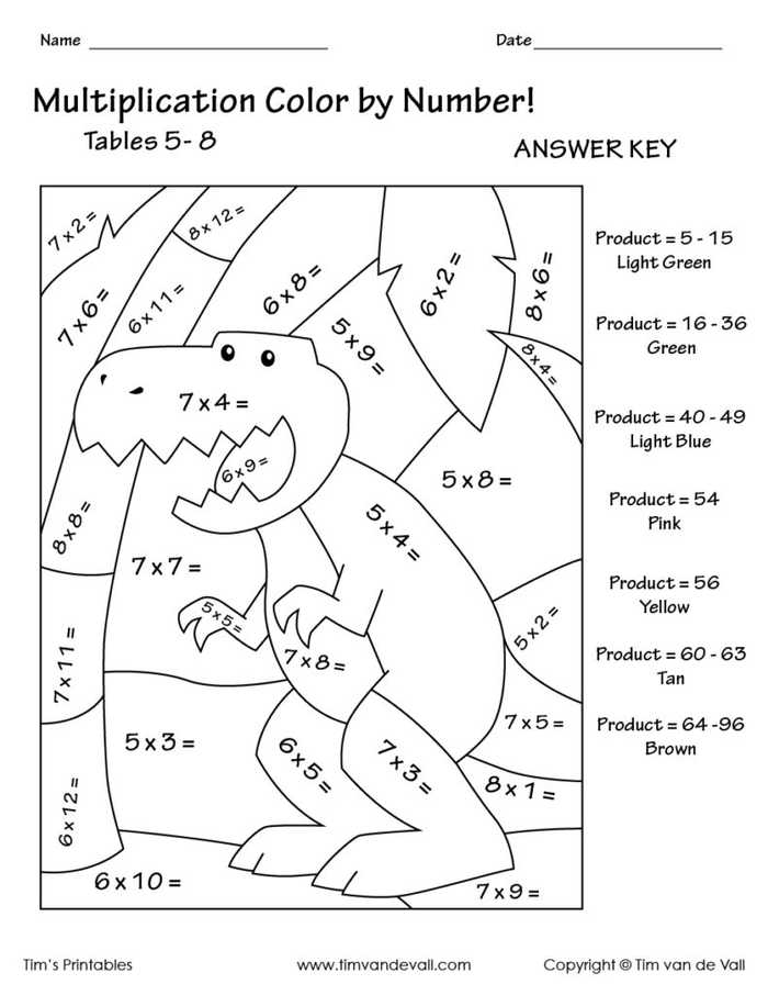 Simple Dino Color By Number Multiplication Sheet