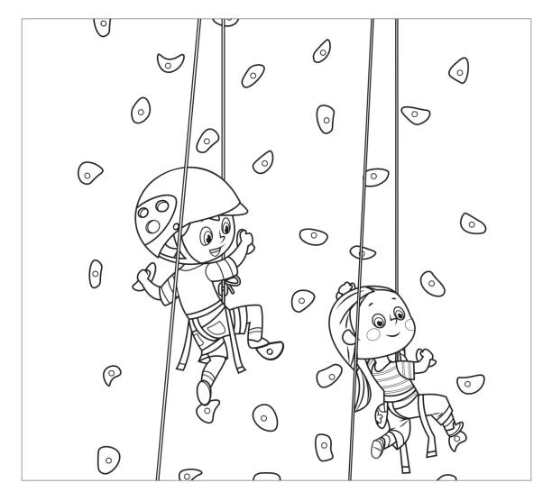 vector coloring book, children climbs climbing wall