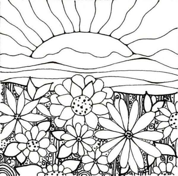 flower garden with sun scenery background coloring sheet